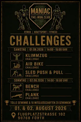 Flyer: Challenges am Eröffnungswochenende – Klimmzug, Air Bike, Sled Push & Pull, Bench und Plank